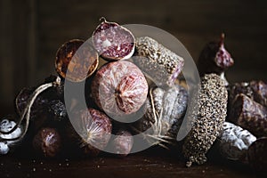 Closeup of charcuterie meat products food photography recipe idea