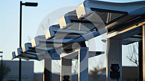 A closeup of the charging stations solar panels capturing the suns rays as it converts them into renewable energy for