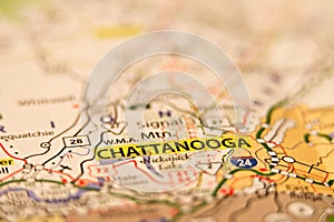 Closeup of Chattanooga on a geographical map.
