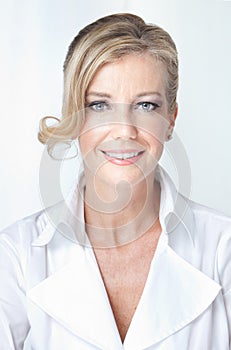 Closeup of cheerful, approachable blonde woman