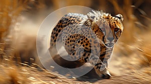 Closeup of a cheetahs spotted coat the individual hairs standing on end as it sprints towards its prey