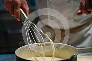 closeup of a chef whisking a creamy emulsion