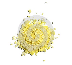 Closeup chemical ingredient on laboratory table Top View. Sodium sulfide flakes, a yellow appearance owing to the presence of