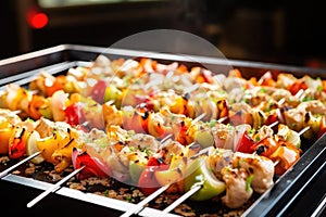 closeup of chicken kabobs being turned with tongs