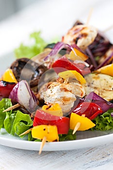 Closeup of chicken skewers or shashlik with grilled vegetables