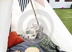 Closeup of childhood tent in backyard nobody