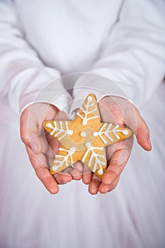 Closeup children`s hands holding Christmas cookie in form of star.