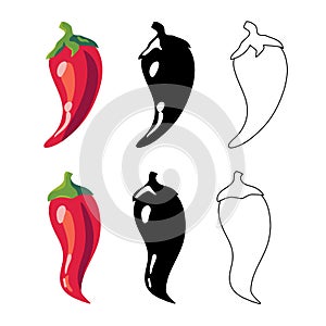 Closeup chilly peppers icons. Red hot chilli pepper, black and outline. Cartoon mexican chilli or chillies illustration