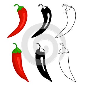 Closeup chilly peppers icons. Red hot chilli pepper, black and outline. Cartoon mexican chilli or chillies illustration