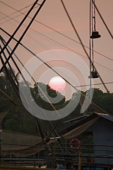 Closeup of Chinese type fishing nets in the evening