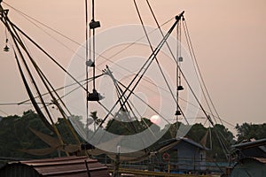 Closeup of Chinese type fishing nets in the evening