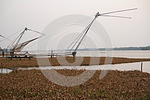 Closeup of Chinese type fishing nets in the evening