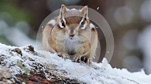 Closeup of a chipmunk with its bulging taking a brief break from foraging for winter sustenance on a snowdusted log