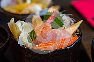 Closeup of Chirashi Sashimi Rice Bowl