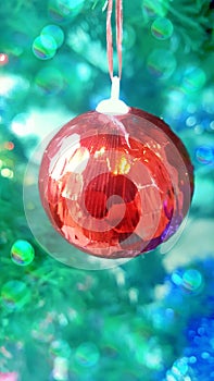 Closeup of Chirstmas tree decorate with Red ball hanging on
