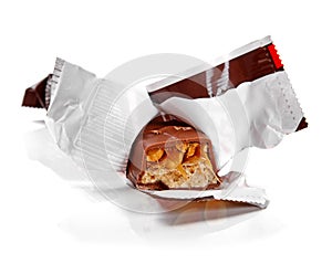 Closeup of chocolate bar isolated on white