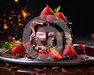 Closeup of a chocolate cake with strawberries and sauce on the b