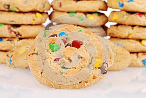 Closeup of chocolate chip candy cookies