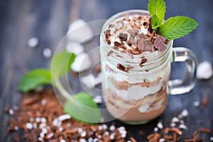 closeup of chocolate shavings topping on peppermint mocha
