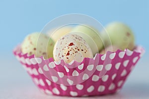 Closeup of chocolate speckled Easter eggs in cupcake liner