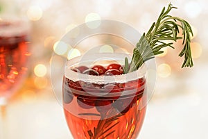 closeup of Christmas Cranberry Champagne cocktail