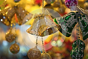 Closeup of Christmas holiday tree decorations with bokeh on background