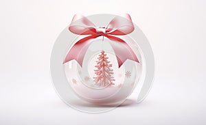Closeup Christmas Pink Transparent Decoration Ball, Bauble with Pink Ribbon and Bow, Snow