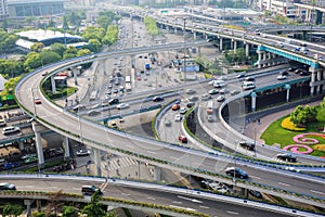 Closeup of the city interchange in the early morning rush hour