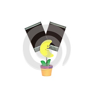 Closeup clamp photo in yellow moon shape in flowerpot with black blank film isolated on white background with clipping path