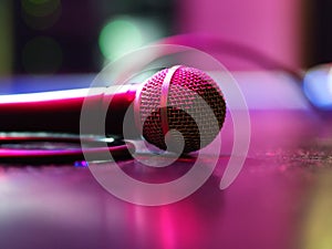 Closeup of classic microphone at concert on stage