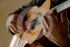 closeup of classical guitarist, plucking nylon strings