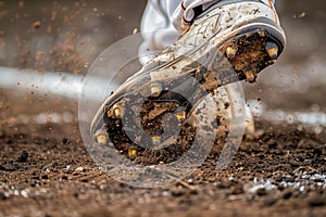 closeup of cleated feet digging into the batters box dirt