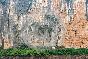 Closeup of cliff along Yangtze River Qutang Gorge, Baidicheng, China