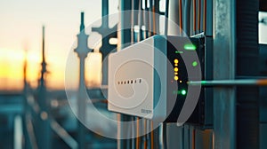 Closeup of a cloudconnected gateway device with flashing indicators and antennas capturing data streams from various photo
