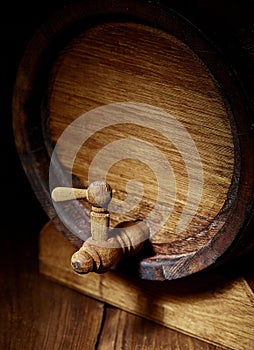 Closeup of old oak barrel. Front view.