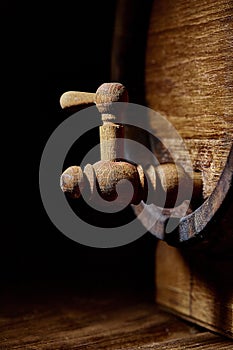 Closeup of old oak barrel. Front view.