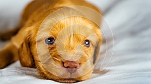 Closeup cocker spaniel puppy dog lies on a white cloth and look on you