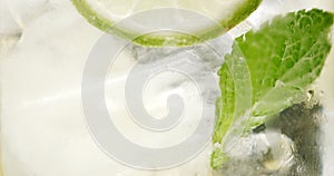 Closeup of coctail. Mojito, tonik water with mint and lemon and lime and ice cubes