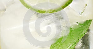 Closeup of coctail. Mojito, tonik water with mint and lemon and lime and ice cubes