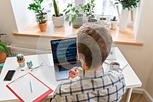 Closeup coding on screen, man`s hands coding and programming on screen laptop, development web, developer