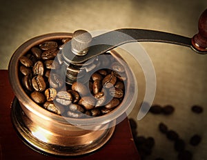 Closeup coffee bean and coffee grinder