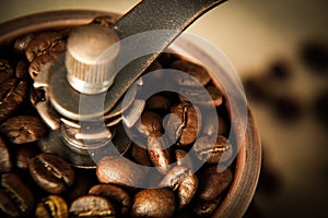 Closeup coffee bean and coffee grinder