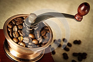 Closeup coffee bean and coffee grinder