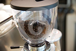 Closeup coffee beans in machine