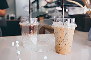 Closeup coffee cups in a cafe photo