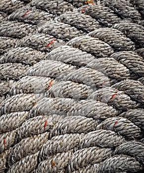 Closeup of coiled rope on a dock in New England
