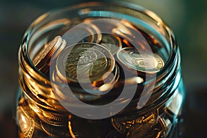 Closeup of coins in glass jar