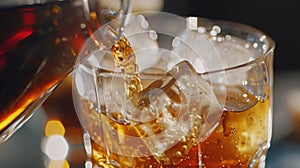 A closeup of a cold brew coffee being poured into a glass with ice cubes clinking together