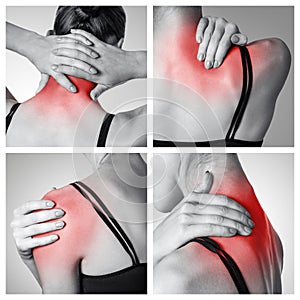 Closeup collage view of pain on human back side. neck, shoulder or back pain