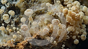 A closeup of a colony of fungal mycelium showing the different stages of growth and development. Some sections of the